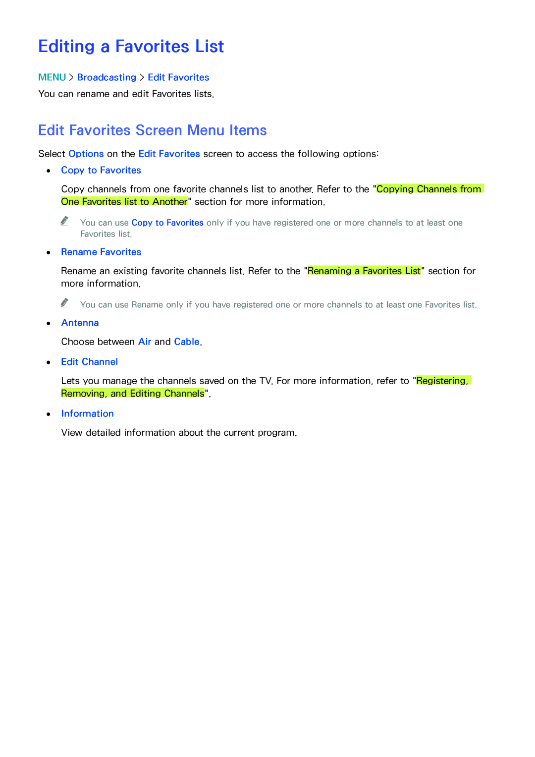 Samsung UN85HU8550 manual Editing a Favorites List, Edit Favorites Screen Menu Items 