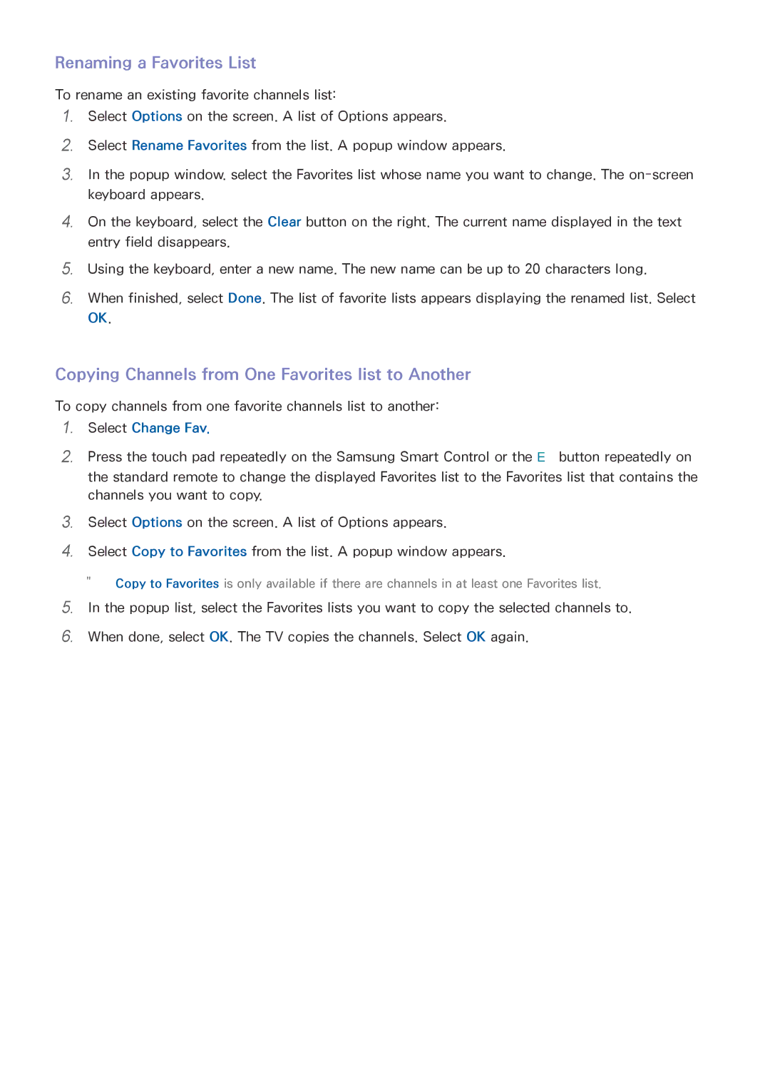 Samsung UN85HU8550 manual Renaming a Favorites List, Copying Channels from One Favorites list to Another 