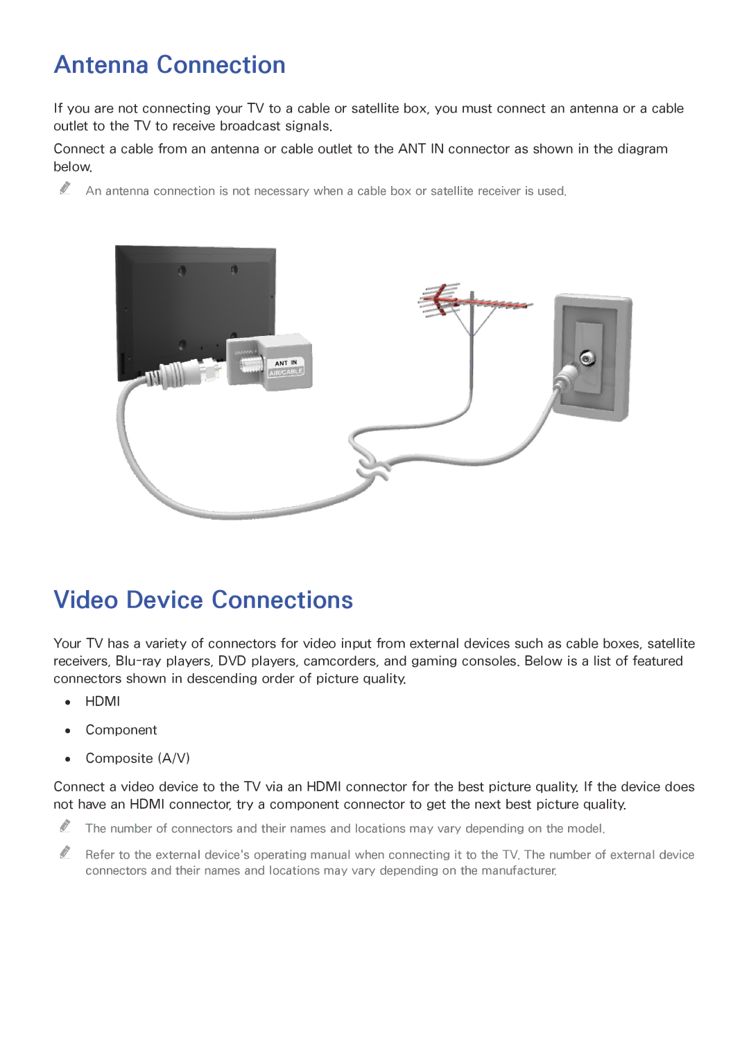 Samsung UN85HU8550 manual Antenna Connection, Video Device Connections 