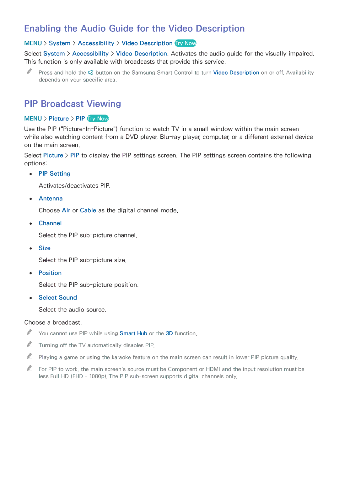 Samsung UN85HU8550 manual Enabling the Audio Guide for the Video Description, PIP Broadcast Viewing 