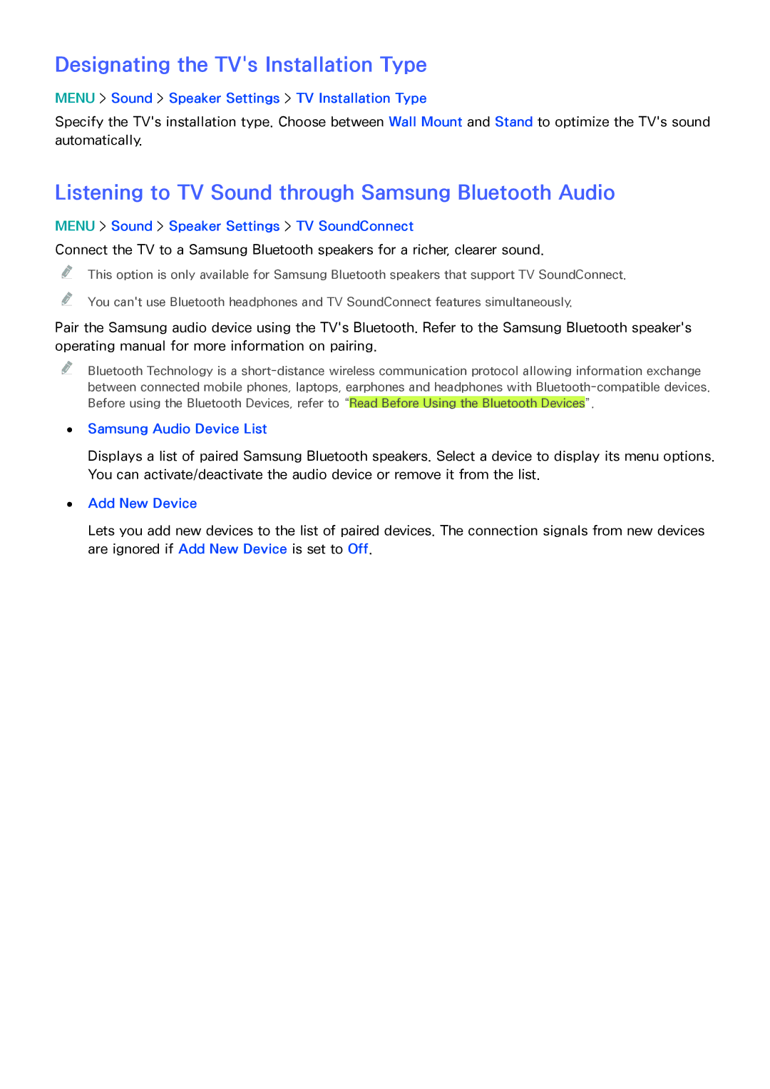 Samsung UN85HU8550 manual Designating the TVs Installation Type, Listening to TV Sound through Samsung Bluetooth Audio 