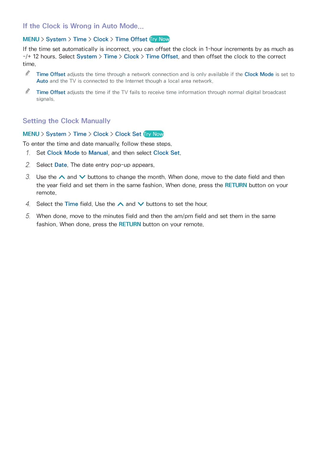 Samsung UN85HU8550 manual If the Clock is Wrong in Auto Mode, Setting the Clock Manually 