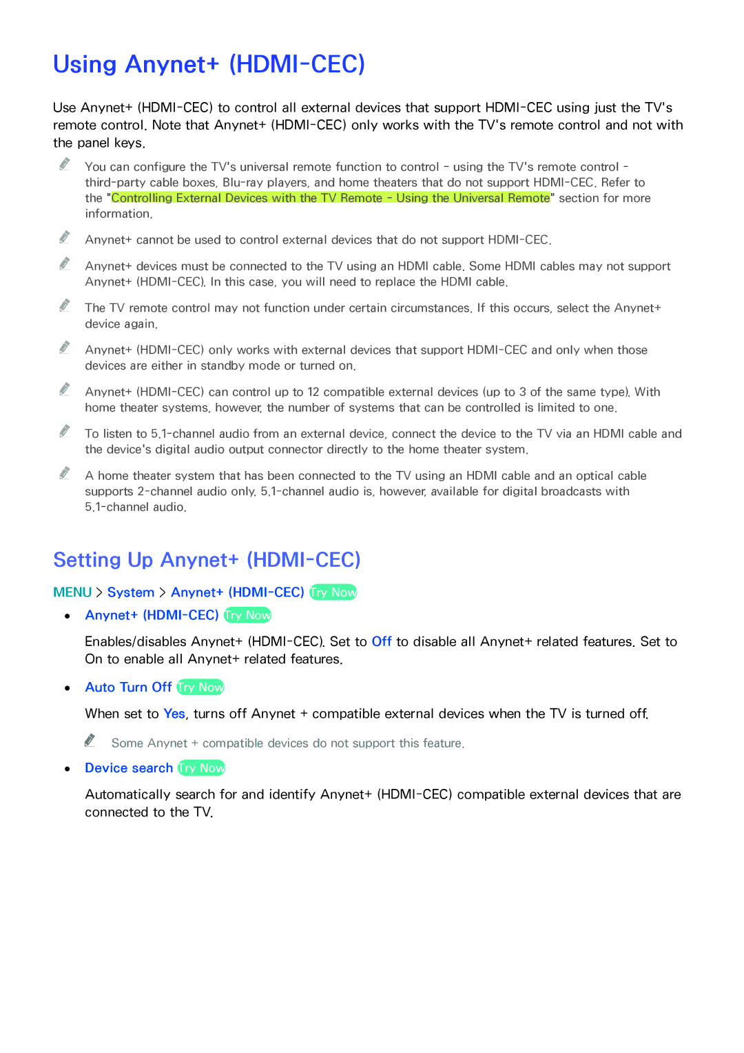 Samsung UN85HU8550 manual Using Anynet+ HDMI-CEC, Setting Up Anynet+ HDMI-CEC, Menu System Anynet+ HDMI-CEC Try Now 