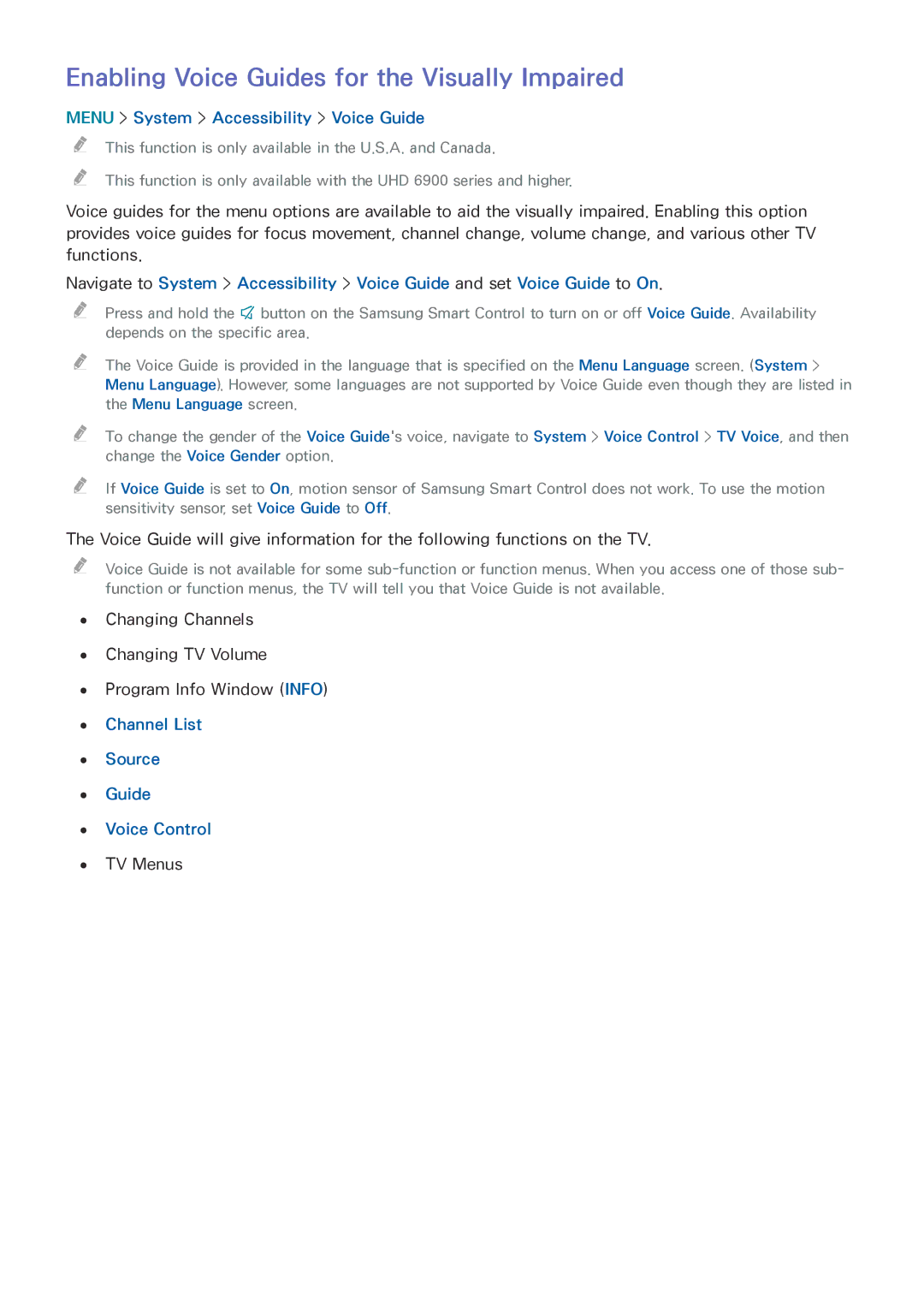 Samsung UN85HU8550 manual Enabling Voice Guides for the Visually Impaired, Menu System Accessibility Voice Guide 