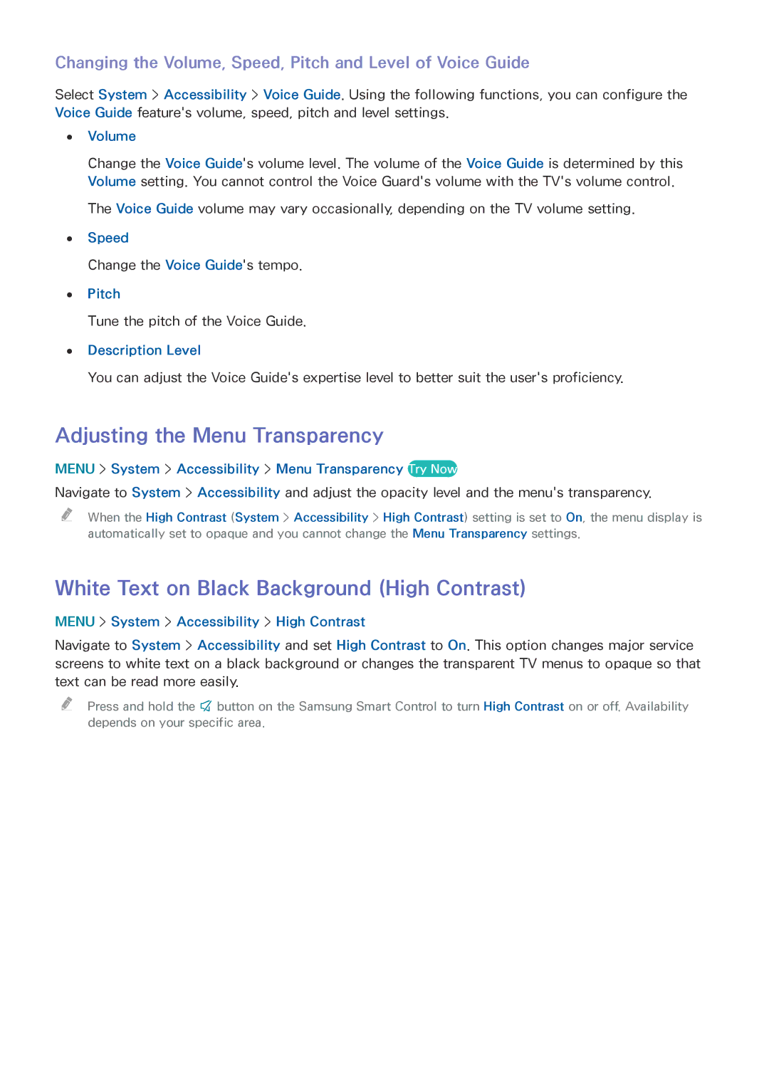 Samsung UN85HU8550 manual Adjusting the Menu Transparency, White Text on Black Background High Contrast 
