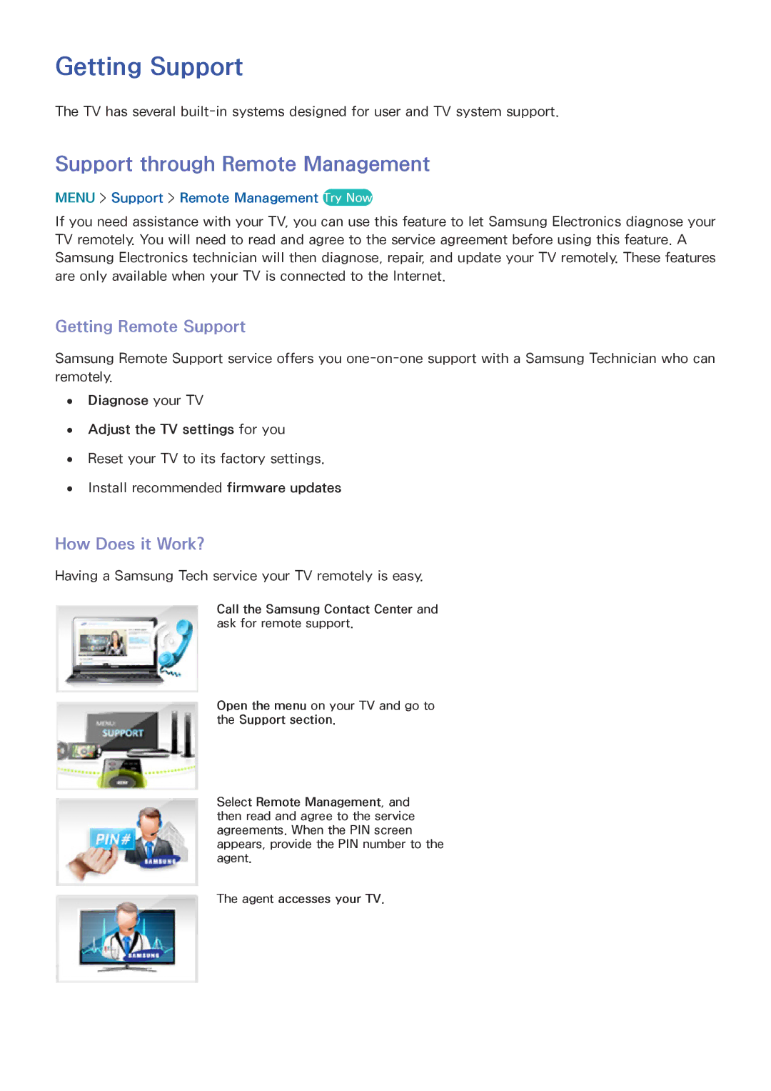 Samsung UN85HU8550 manual Getting Support, Support through Remote Management, Getting Remote Support, How Does it Work? 