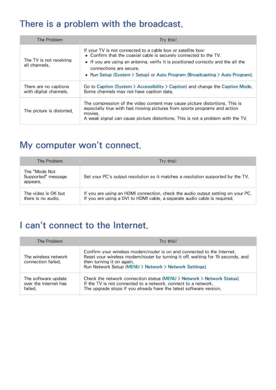 Samsung UN85HU8550 manual There is a problem with the broadcast, My computer wont connect, Cant connect to the Internet 