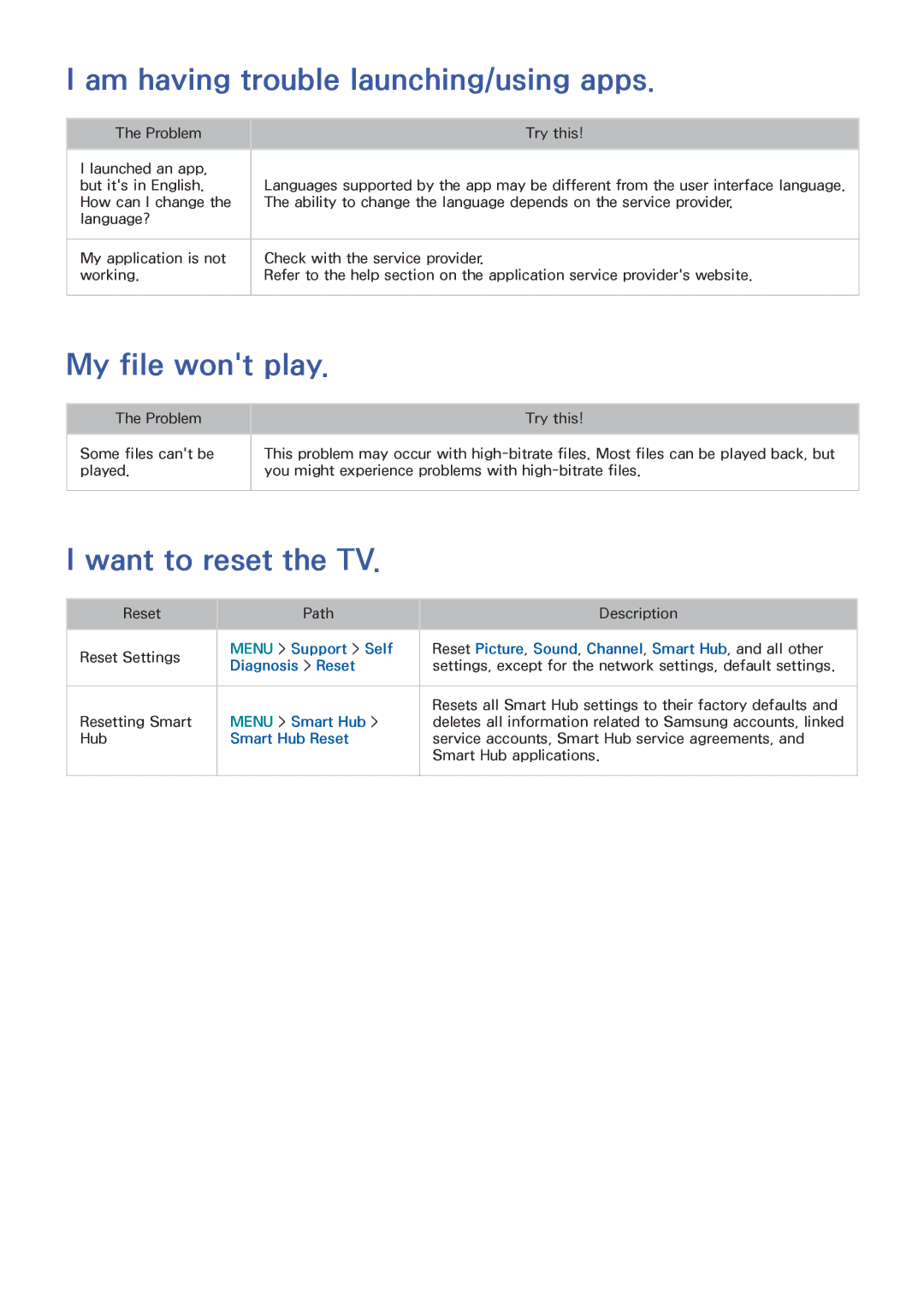 Samsung UN85HU8550 manual Am having trouble launching/using apps, My file wont play, Want to reset the TV 