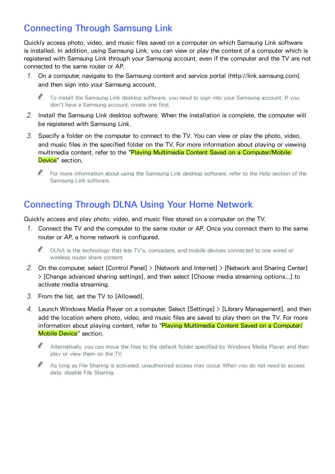 Samsung UN85HU8550 manual Connecting Through Samsung Link, Connecting Through Dlna Using Your Home Network 