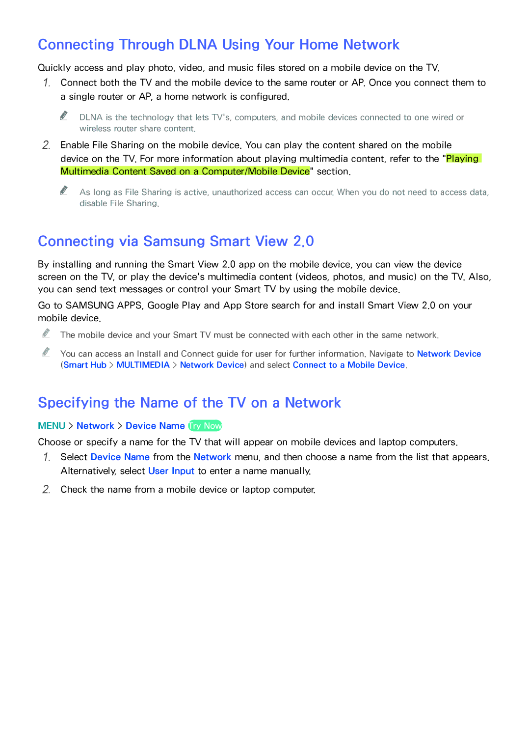 Samsung UN85HU8550 manual Specifying the Name of the TV on a Network, Menu Network Device Name Try Now 
