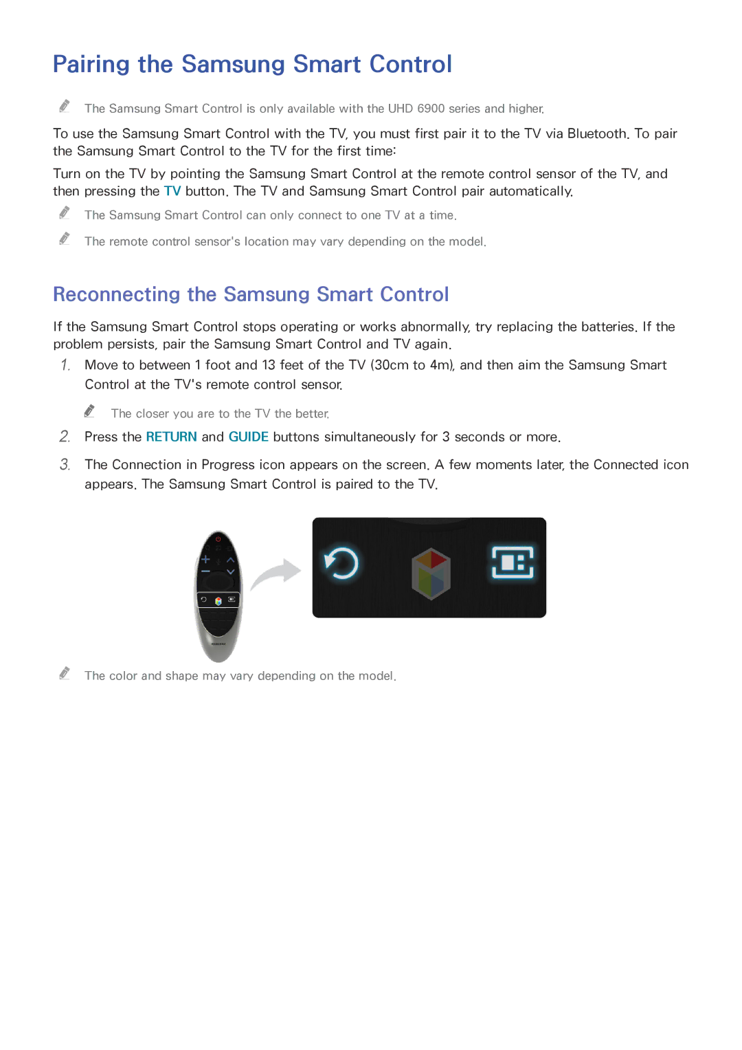 Samsung UN85HU8550 manual Pairing the Samsung Smart Control, Reconnecting the Samsung Smart Control 