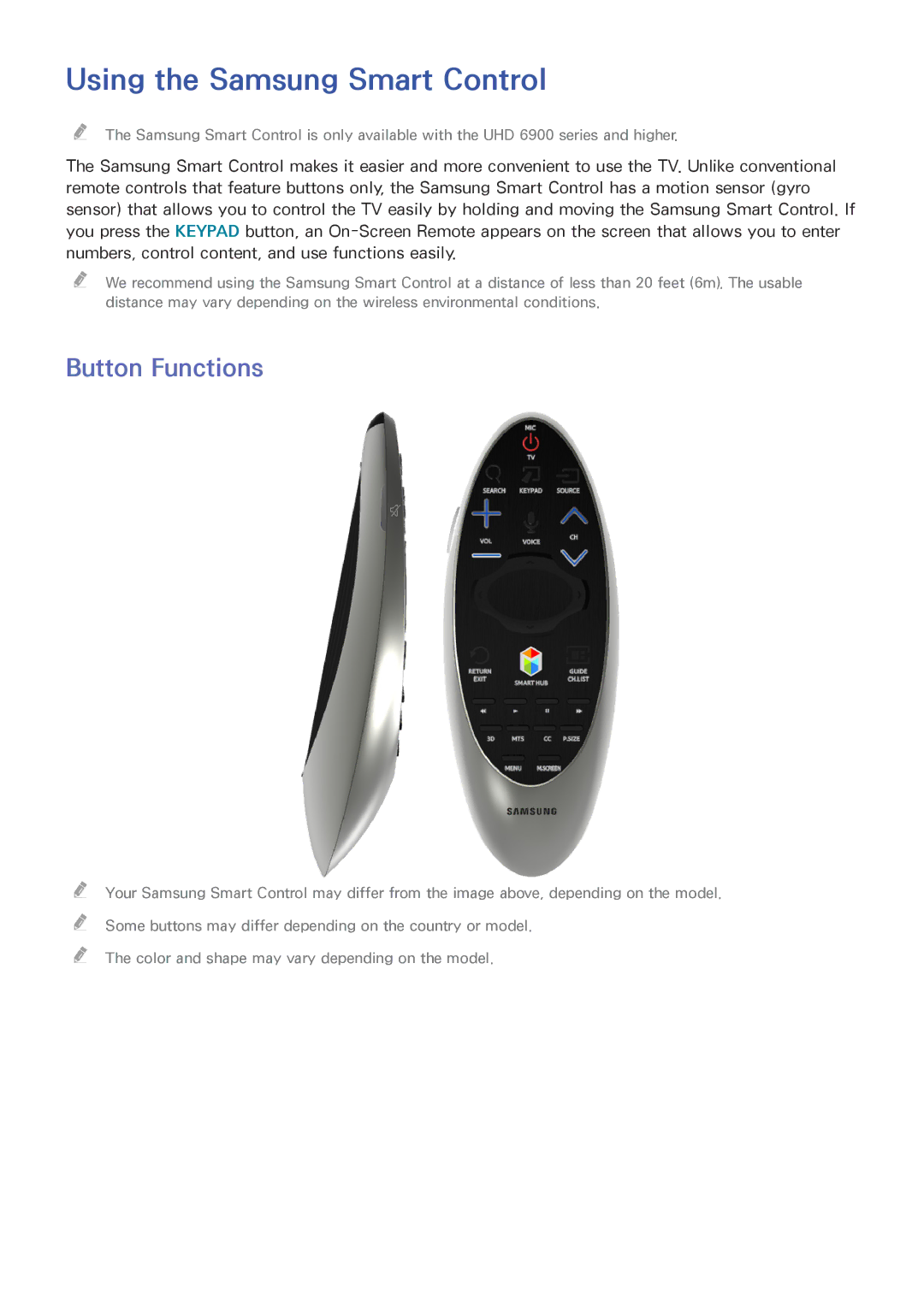 Samsung UN85HU8550 manual Using the Samsung Smart Control, Button Functions 