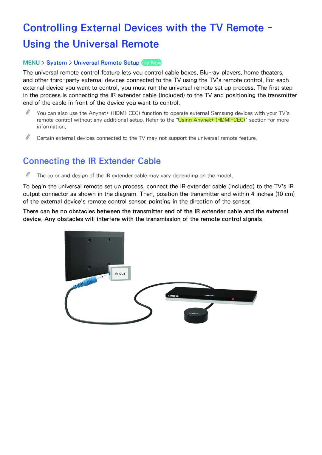 Samsung UN85HU8550 manual Connecting the IR Extender Cable, Menu System Universal Remote Setup Try Now 