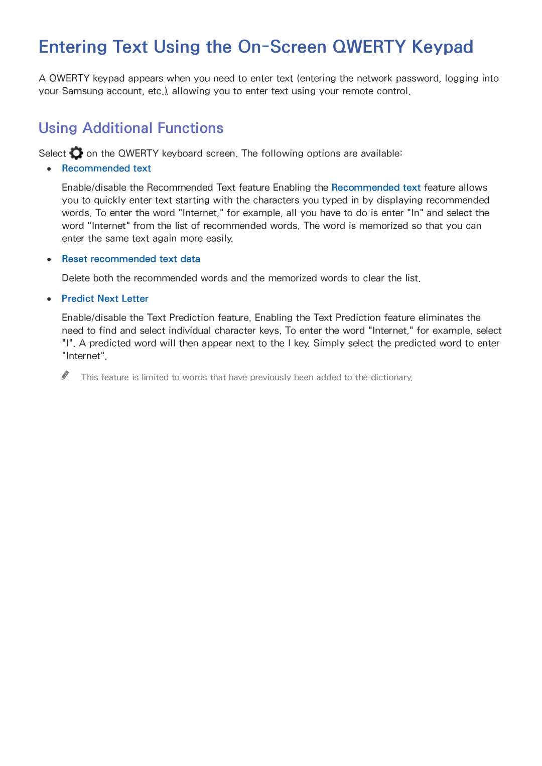 Samsung UN85HU8550 manual Entering Text Using the On-Screen Qwerty Keypad, Using Additional Functions, Recommended text 