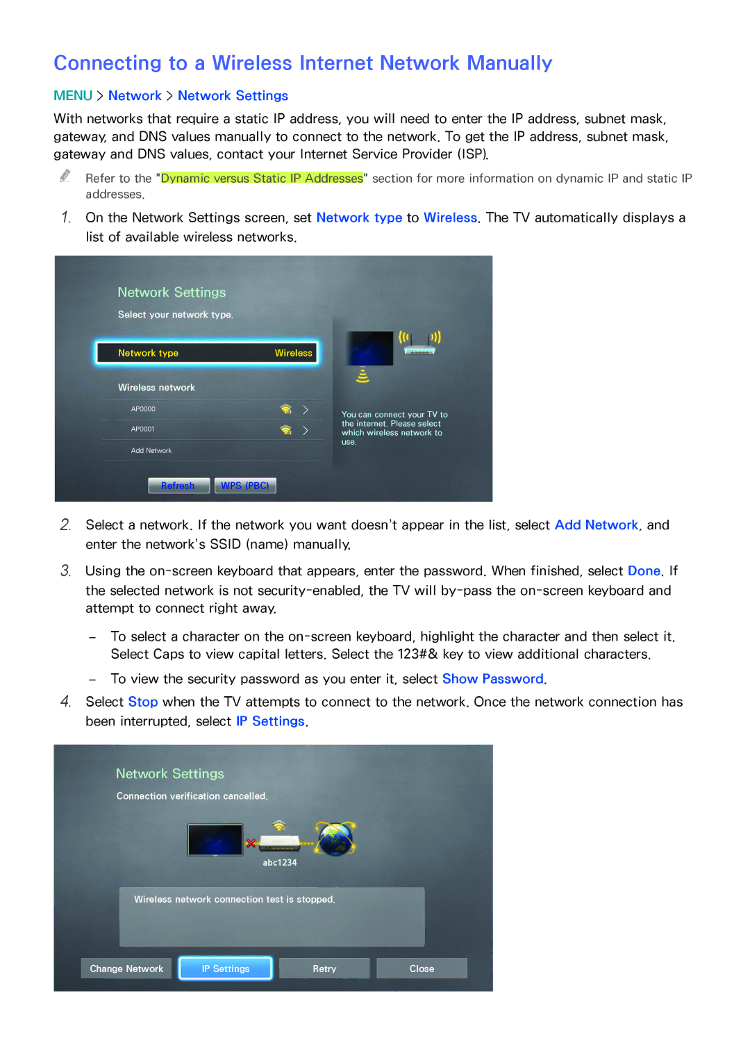 Samsung UN85HU8550 manual Connecting to a Wireless Internet Network Manually, Wireless network 