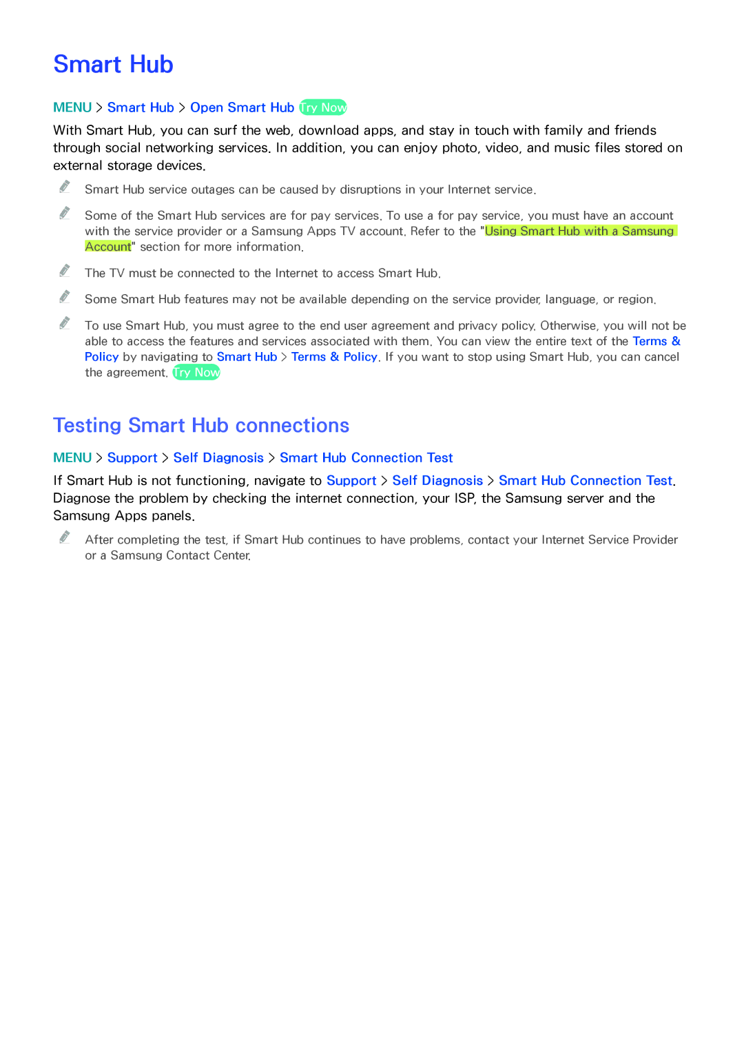 Samsung UN85HU8550 manual Testing Smart Hub connections, Menu Smart Hub Open Smart Hub Try Now 