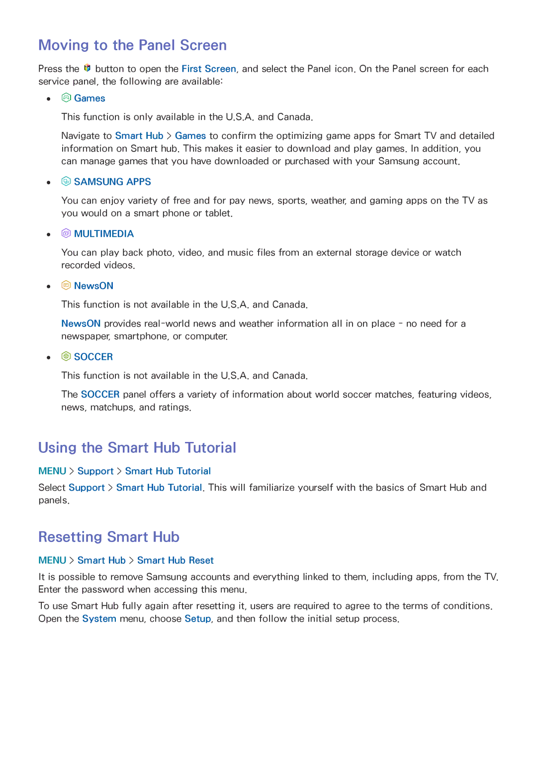 Samsung UN85HU8550 manual Moving to the Panel Screen, Using the Smart Hub Tutorial, Resetting Smart Hub 