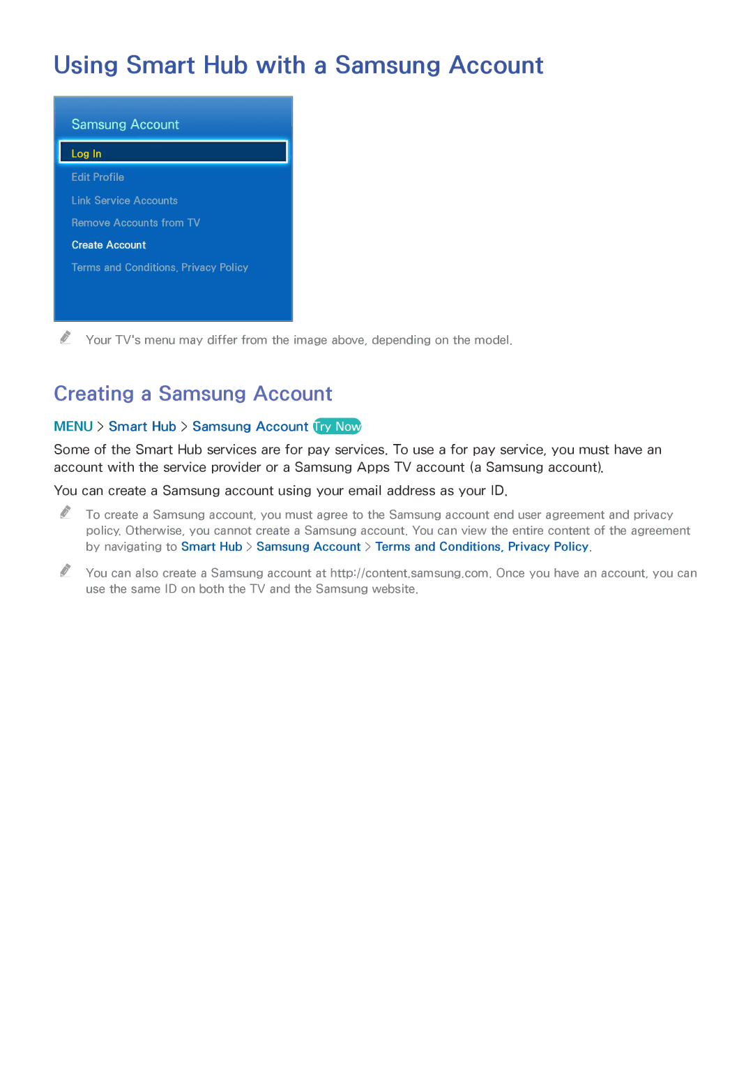 Samsung UN85HU8550 manual Using Smart Hub with a Samsung Account, Creating a Samsung Account 