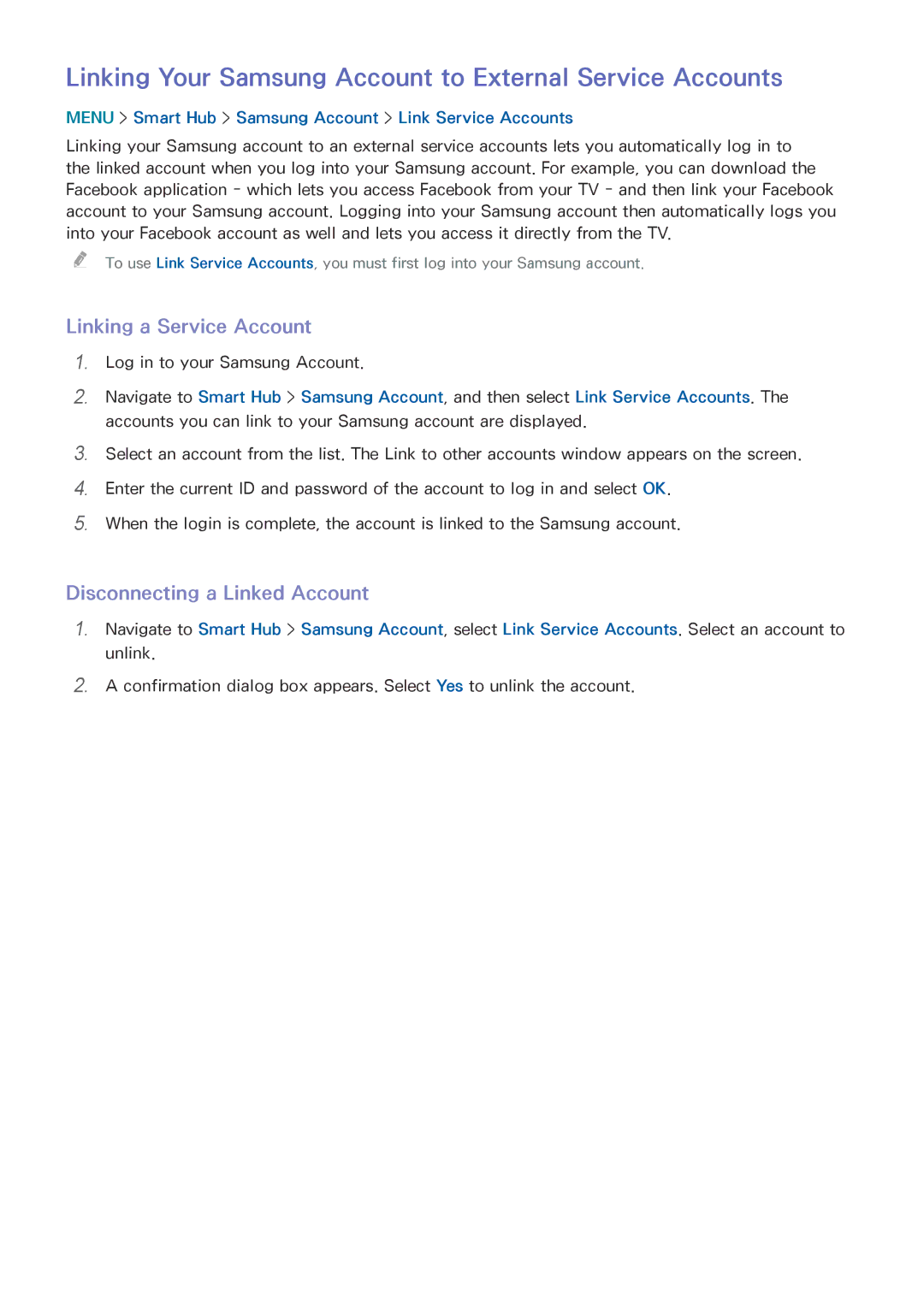 Samsung UN85HU8550 manual Linking Your Samsung Account to External Service Accounts, Linking a Service Account 