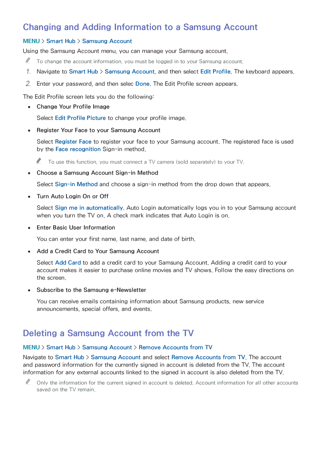 Samsung UN85HU8550 manual Changing and Adding Information to a Samsung Account, Deleting a Samsung Account from the TV 