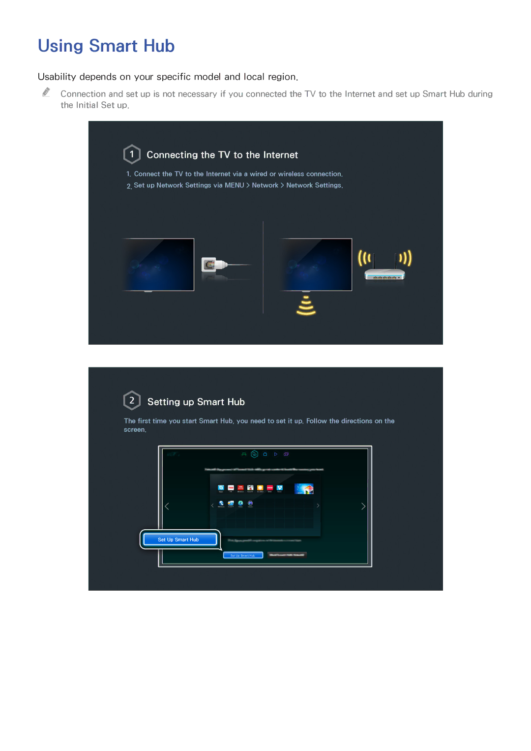 Samsung UN85HU8550 manual Using Smart Hub, Usability depends on your specific model and local region 