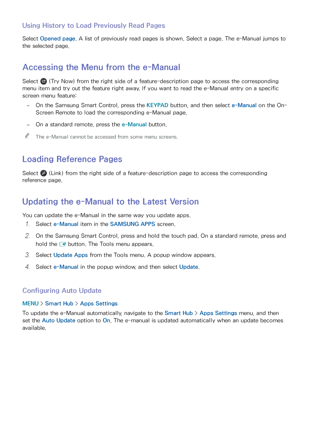 Samsung UN85HU8550 manual Accessing the Menu from the e-Manual, Loading Reference Pages, Configuring Auto Update 