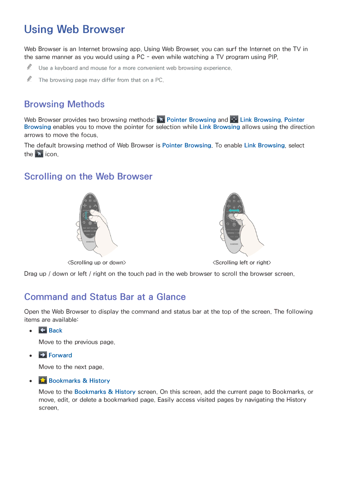 Samsung UN85HU8550 Using Web Browser, Browsing Methods, Scrolling on the Web Browser, Command and Status Bar at a Glance 