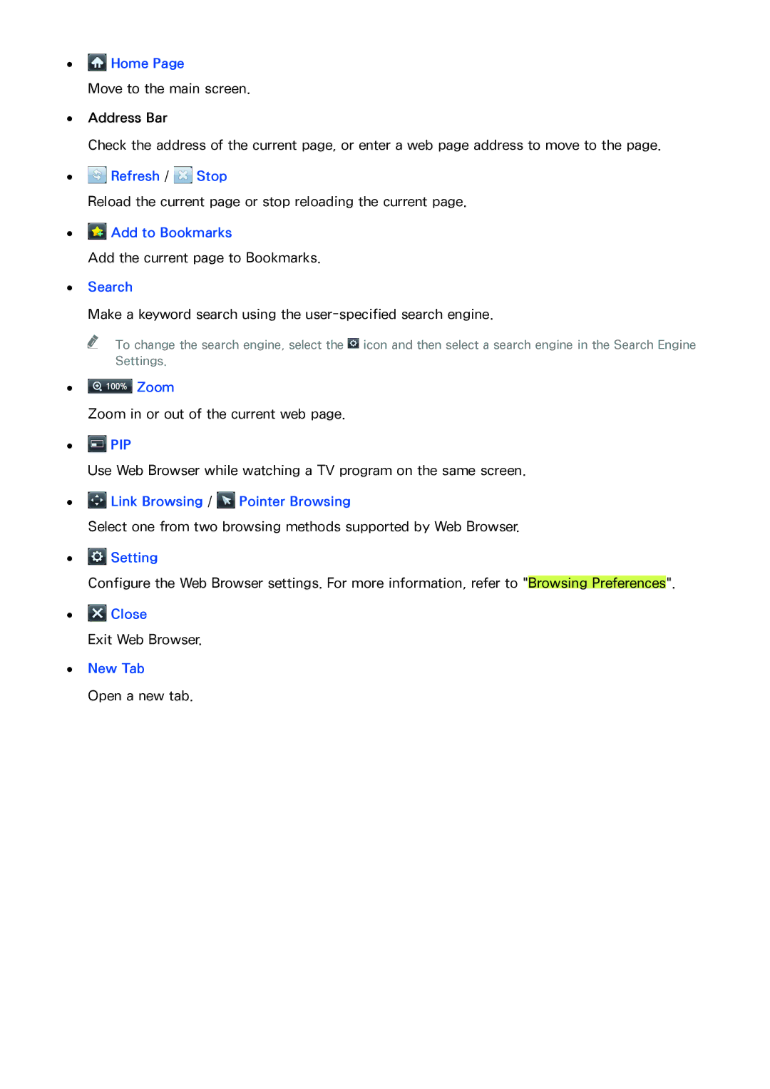 Samsung UN85HU8550 Home, Refresh Stop, Add to Bookmarks, Search, Zoom, Link Browsing Pointer Browsing, Setting, Close 