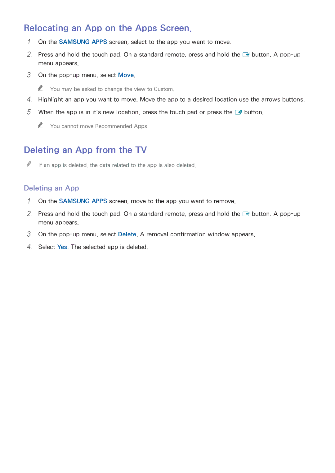Samsung UN85HU8550 manual Relocating an App on the Apps Screen, Deleting an App from the TV 