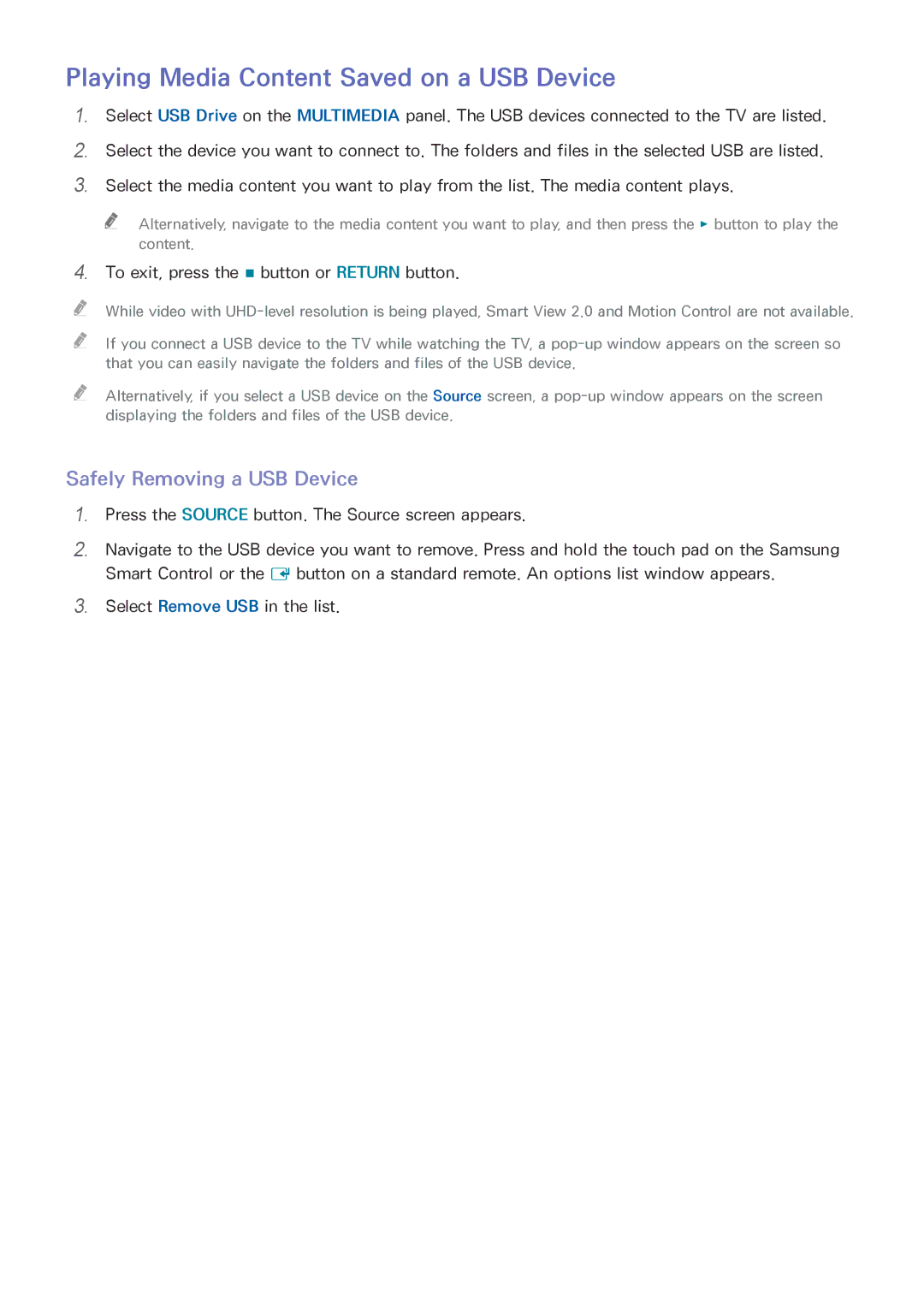 Samsung UN85HU8550 manual Playing Media Content Saved on a USB Device, Safely Removing a USB Device 