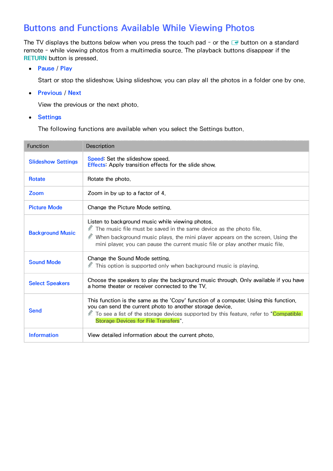 Samsung UN85HU8550 manual Buttons and Functions Available While Viewing Photos, Pause / Play, Previous / Next, Settings 