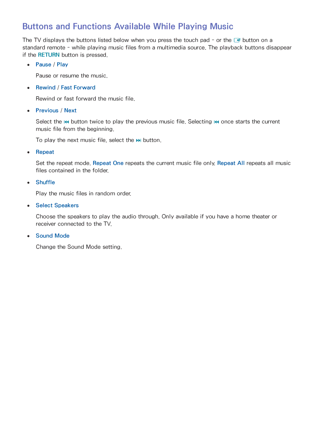 Samsung UN85HU8550 manual Buttons and Functions Available While Playing Music, Repeat, Shuffle, Select Speakers, Sound Mode 