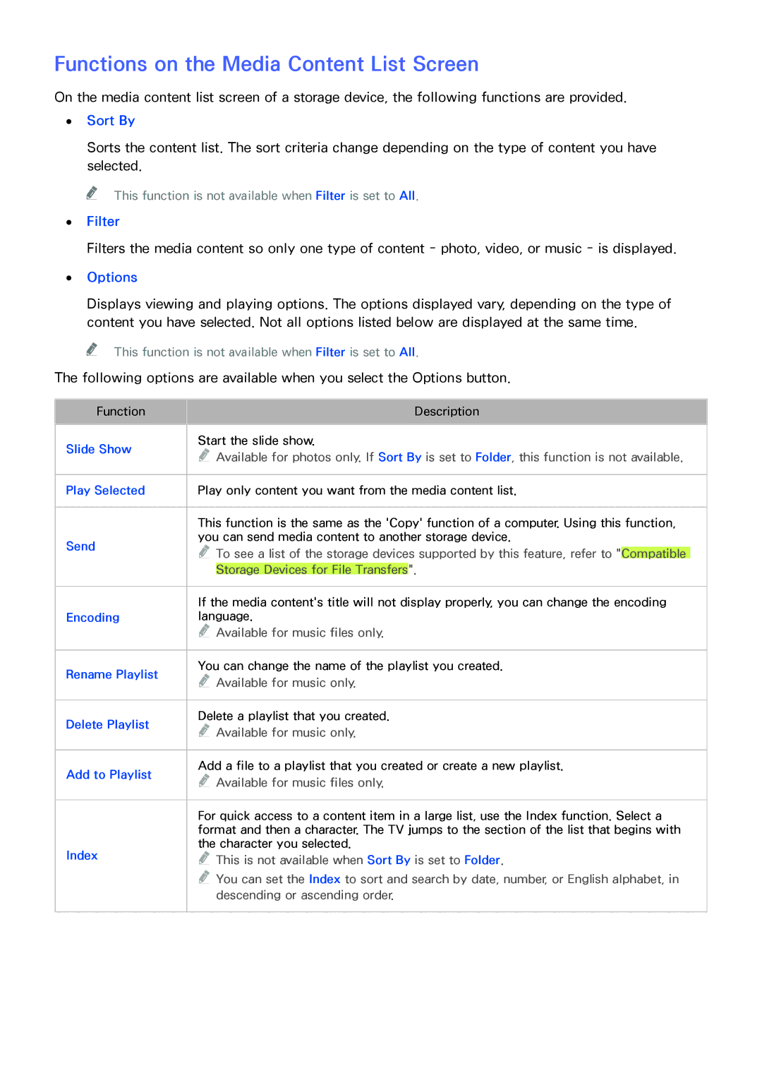 Samsung UN85HU8550 manual Functions on the Media Content List Screen, Sort By, Filter, Options 