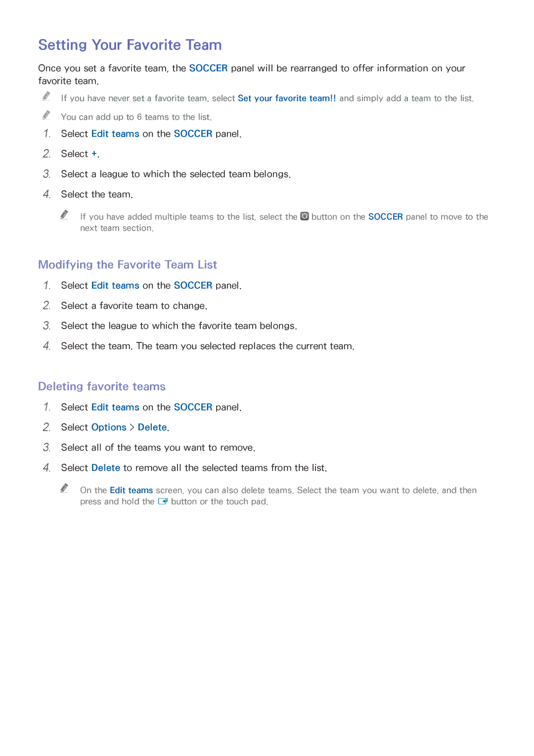 Samsung UN85HU8550 manual Setting Your Favorite Team, Modifying the Favorite Team List, Deleting favorite teams 