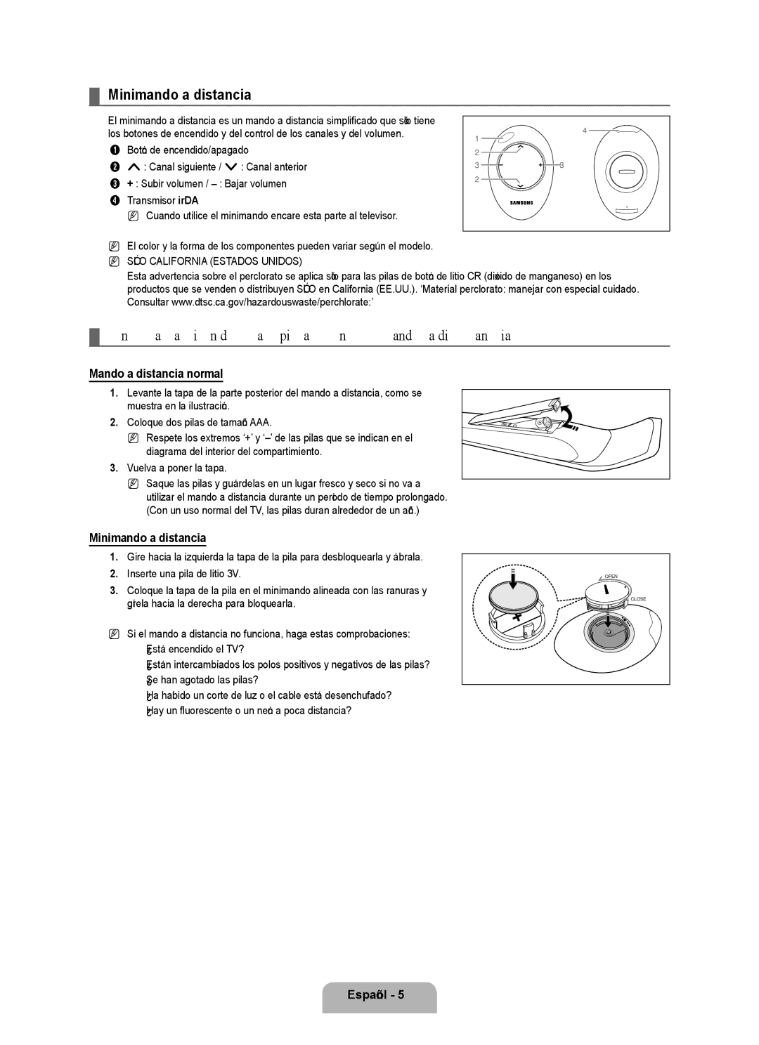 Samsung UN0B7000, UNB700 Minimando a distancia, Instalación de las pilas en el mando a distancia, Mando a distancia normal 