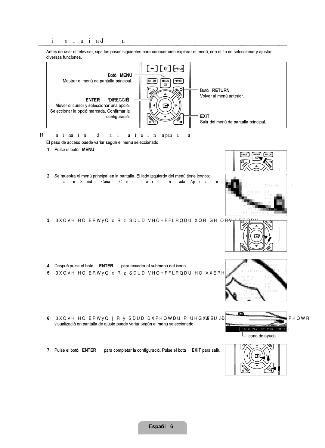 Samsung UNB7000, Series L7, UN0B7000 user manual Visualización de menús, Funcionamiento de la visualización en pantalla 