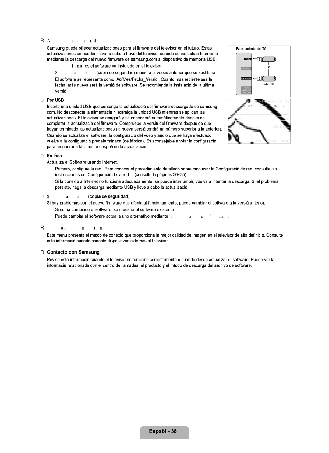 Samsung UNB7000, Series L7, UN0B7000 user manual Actualización del software, Guía de conexión HD, Contacto con Samsung 