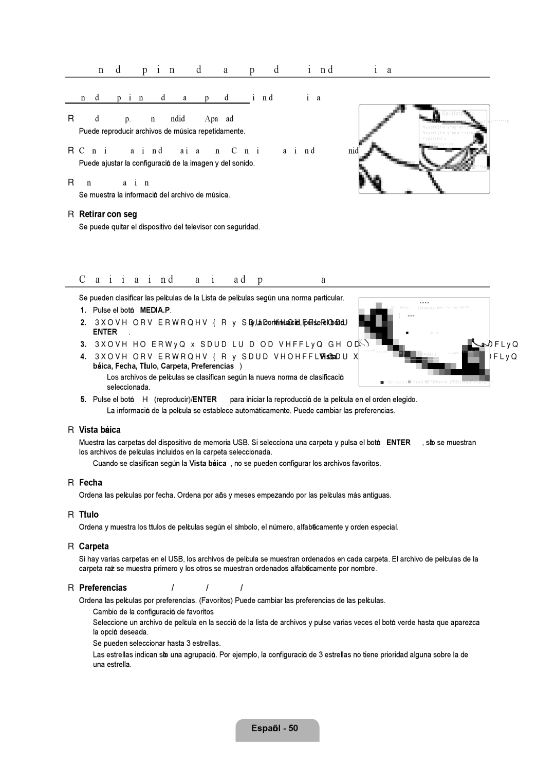 Samsung UNB7000, Series L7, UN0B7000 Menú de opciones de la reproducción de música, Clasificación de la lista de películas 