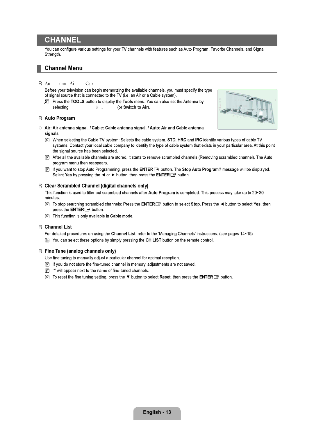 Samsung UN0B7000, UNB7000, Series L7 user manual Channel Menu 