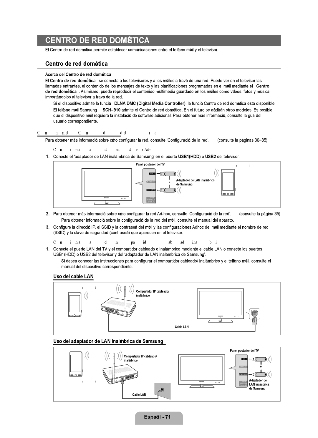 Samsung UNB7000, Series L7, UN0B7000 user manual Conexión del Centro de red doméstica, Uso del cable LAN 