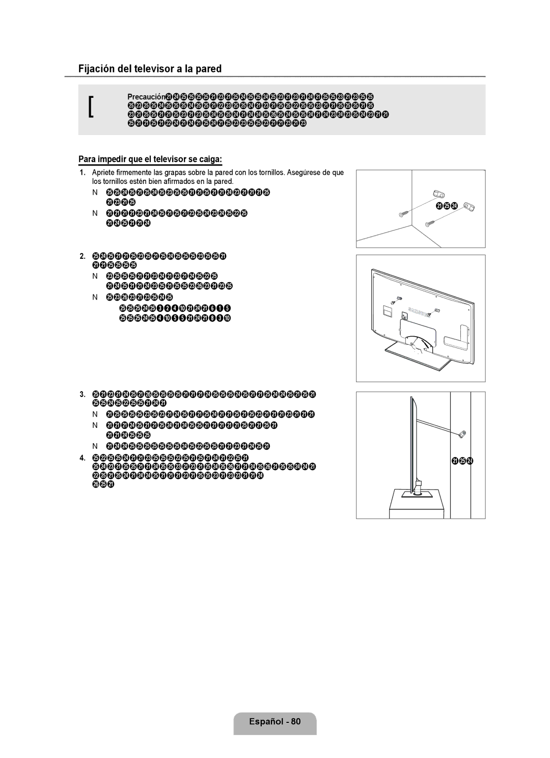 Samsung Series L7, UNB7000, UN0B7000 user manual Fijación del televisor a la pared, Para impedir que el televisor se caiga 