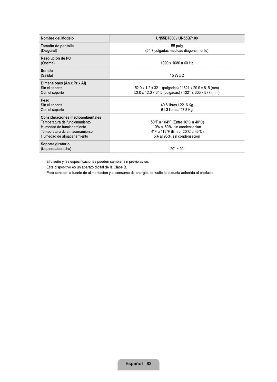 Samsung UNB7000, Series L7, UN0B7000 user manual Nombre del Modelo UN55B7000 / UN55B7100 Tamaño de pantalla 