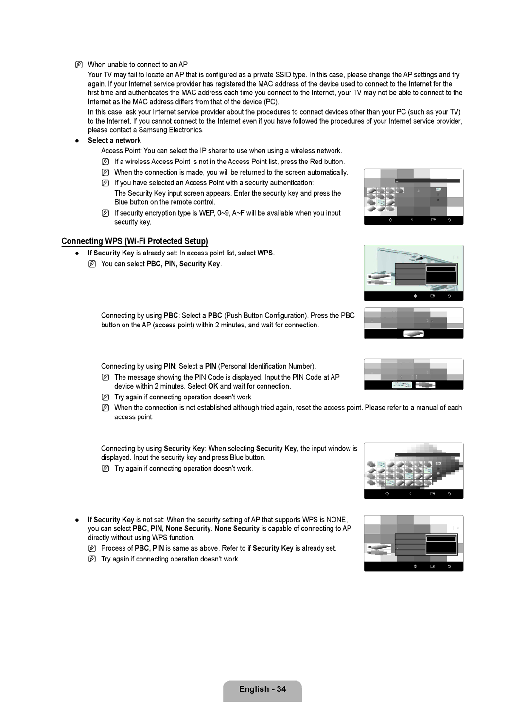 Samsung UNB7000, Series L7 Connecting WPS Wi-Fi Protected Setup, When unable to connect to an AP, Select a network 