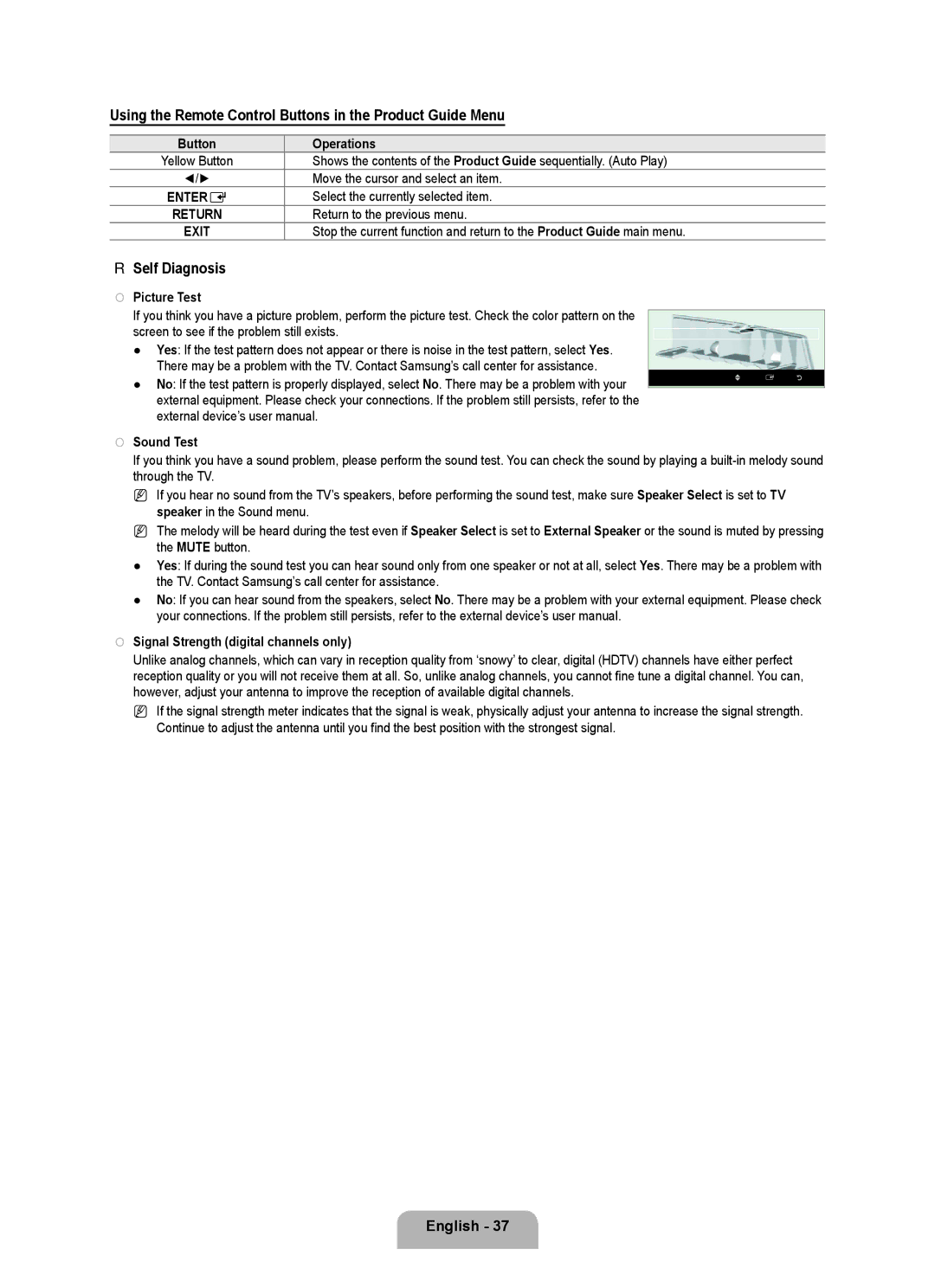 Samsung UN0B7000, UNB7000, Series L7 user manual Using the Remote Control Buttons in the Product Guide Menu, Self Diagnosis 