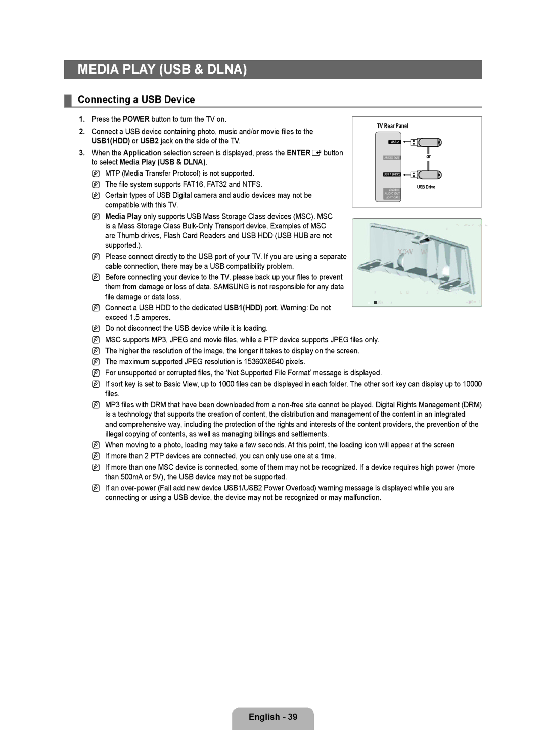 Samsung UNB700 Connecting a USB Device, USB1HDD or USB2 jack on the side of the TV, To select Media Play USB & Dlna 