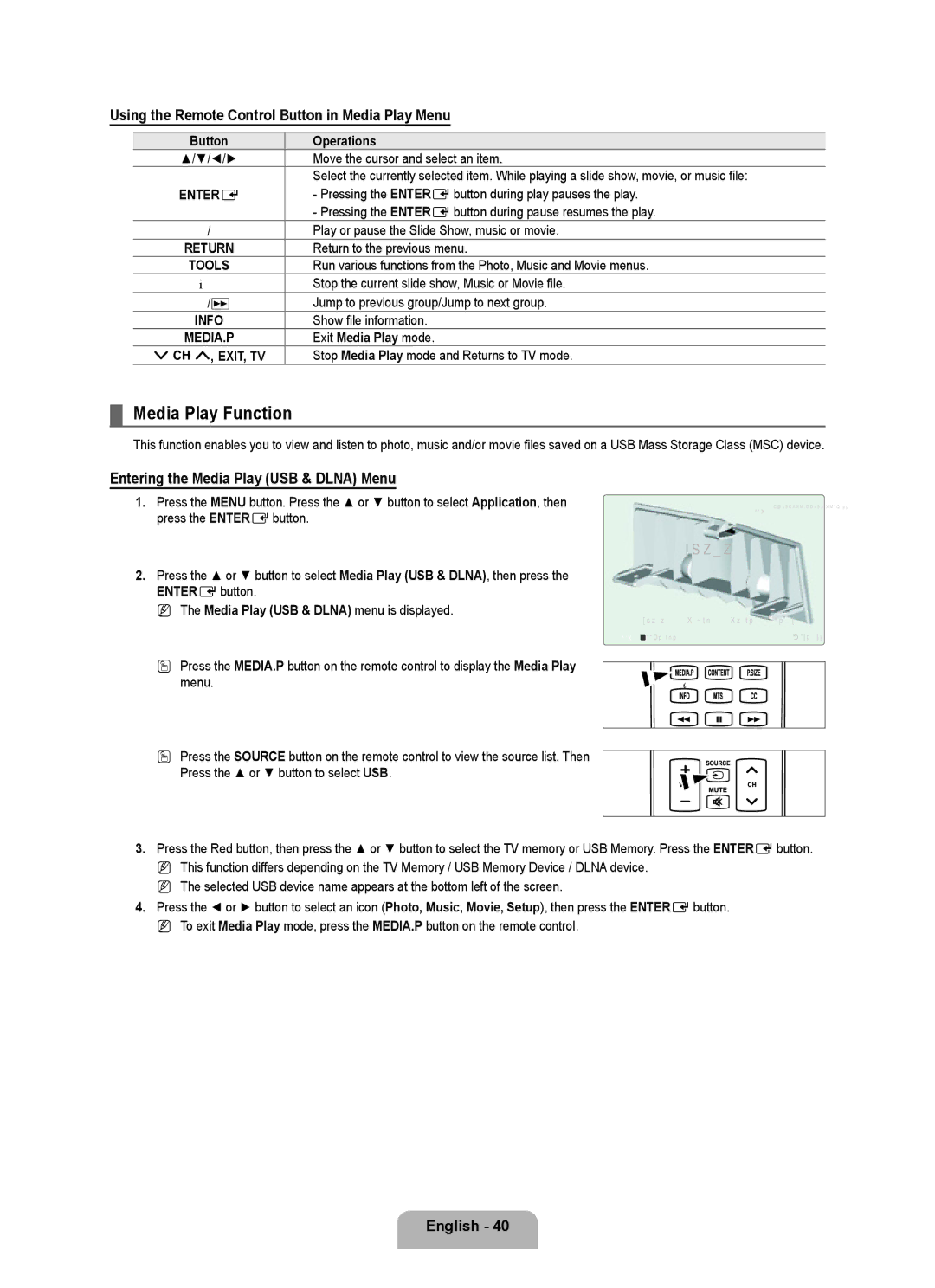 Samsung Series L7, UNB7000, UN0B7000 user manual Media Play Function, Using the Remote Control Button in Media Play Menu 