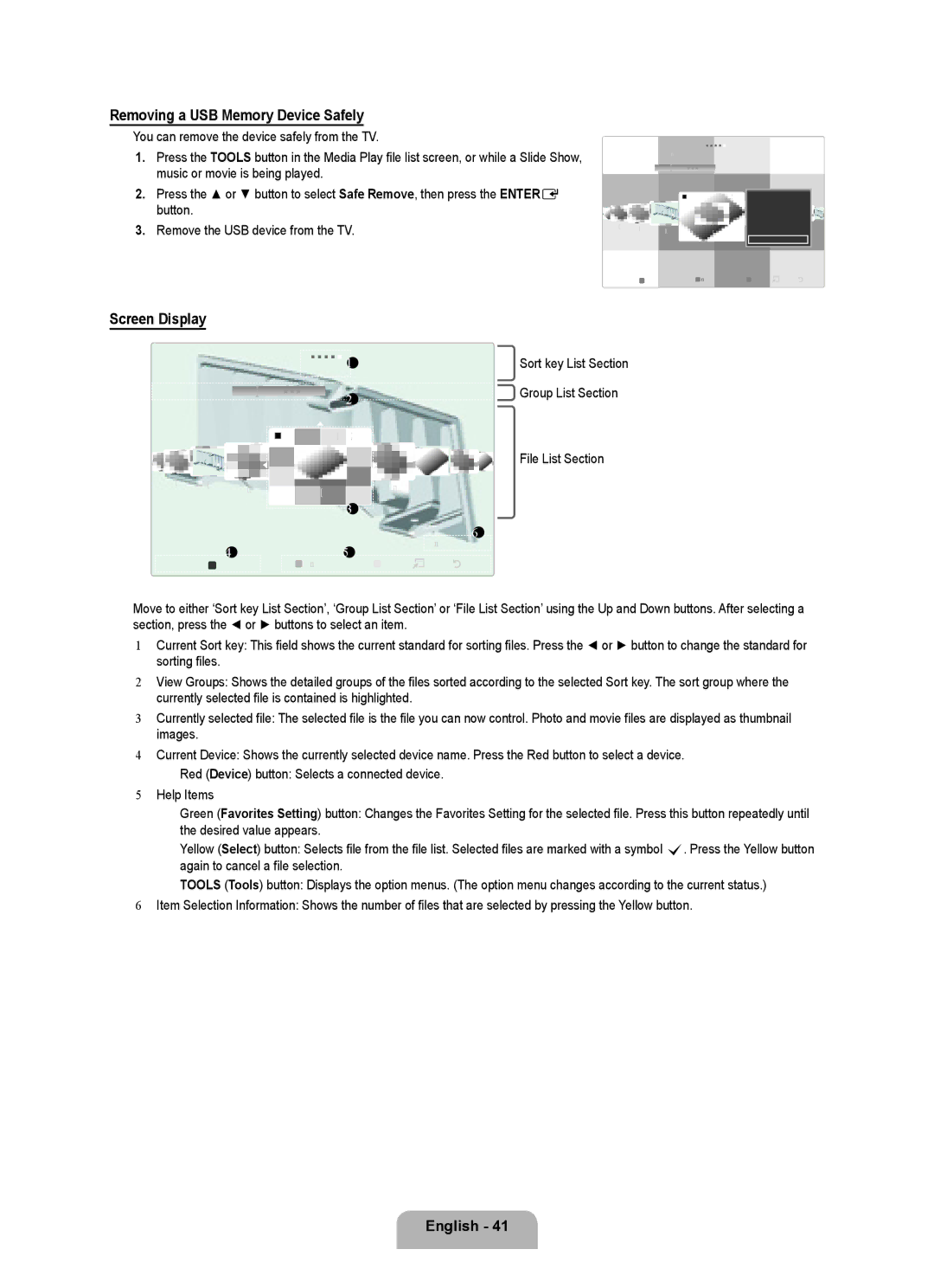 Samsung UN0B7000, UNB7000 Removing a USB Memory Device Safely, Screen Display, Sort key List Section Group List Section 