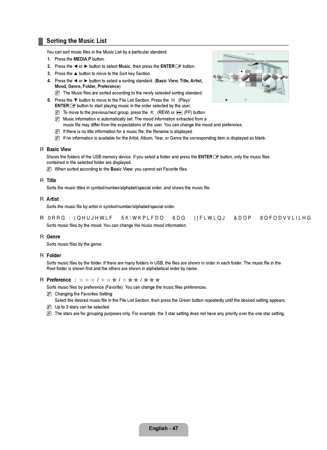 Samsung UNB7000, Series L7, UN0B7000 user manual Sorting the Music List, Title, Artist, Genre 