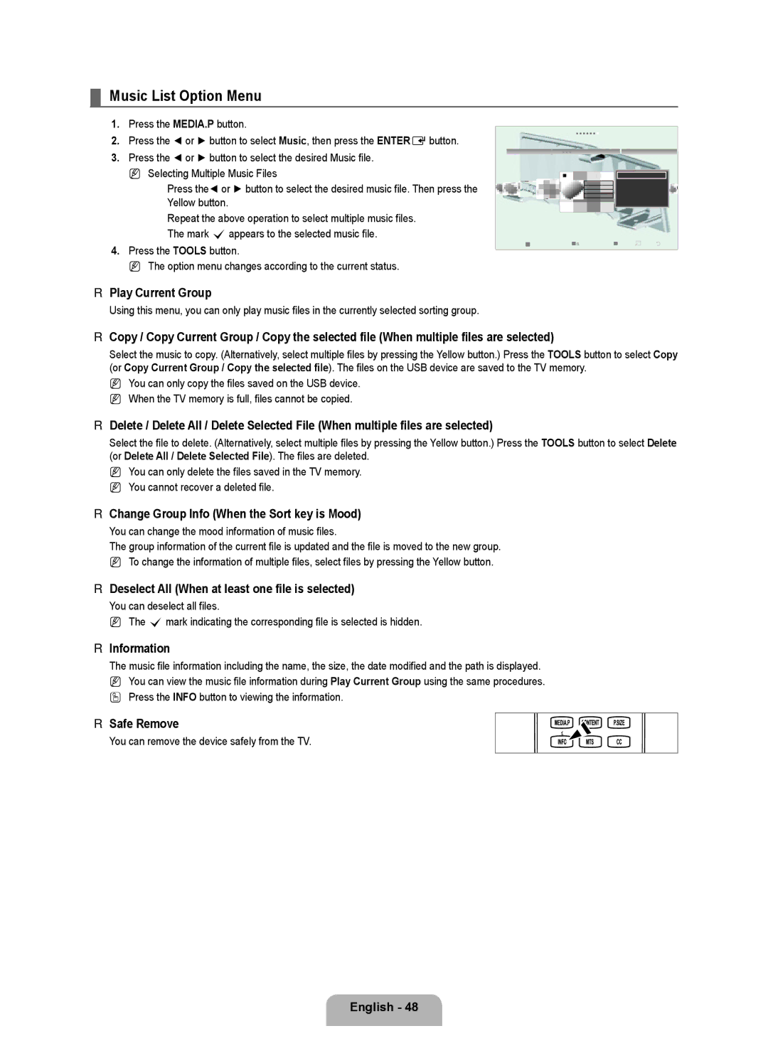 Samsung Series L7, UNB7000, UN0B7000 user manual Music List Option Menu, Change Group Info When the Sort key is Mood 