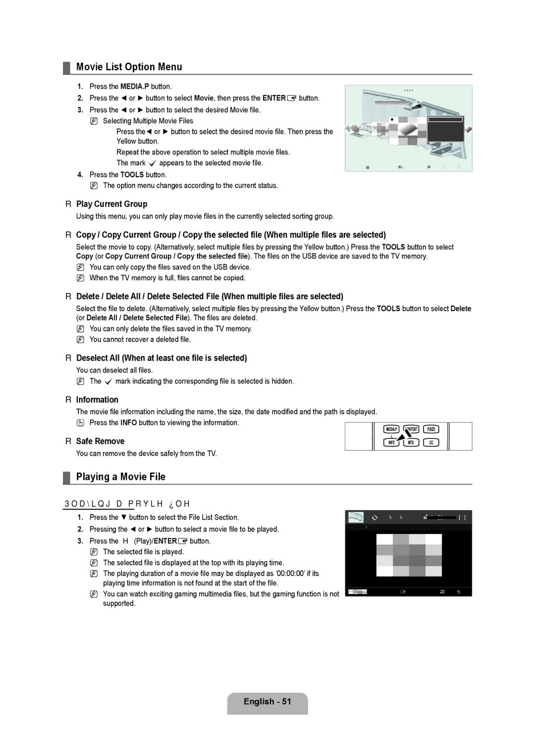 Samsung UNB7000, Series L7, UN0B7000 user manual Movie List Option Menu, Playing a Movie File, Playing a movie file 